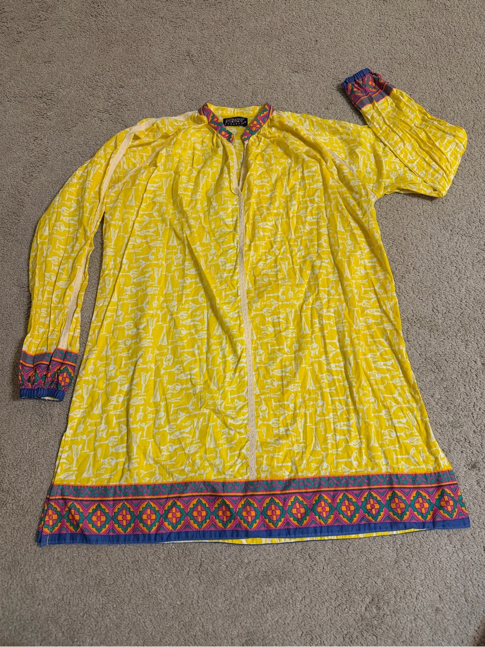 Bright Yellow Printed Long Kurta with Multicolor Trim